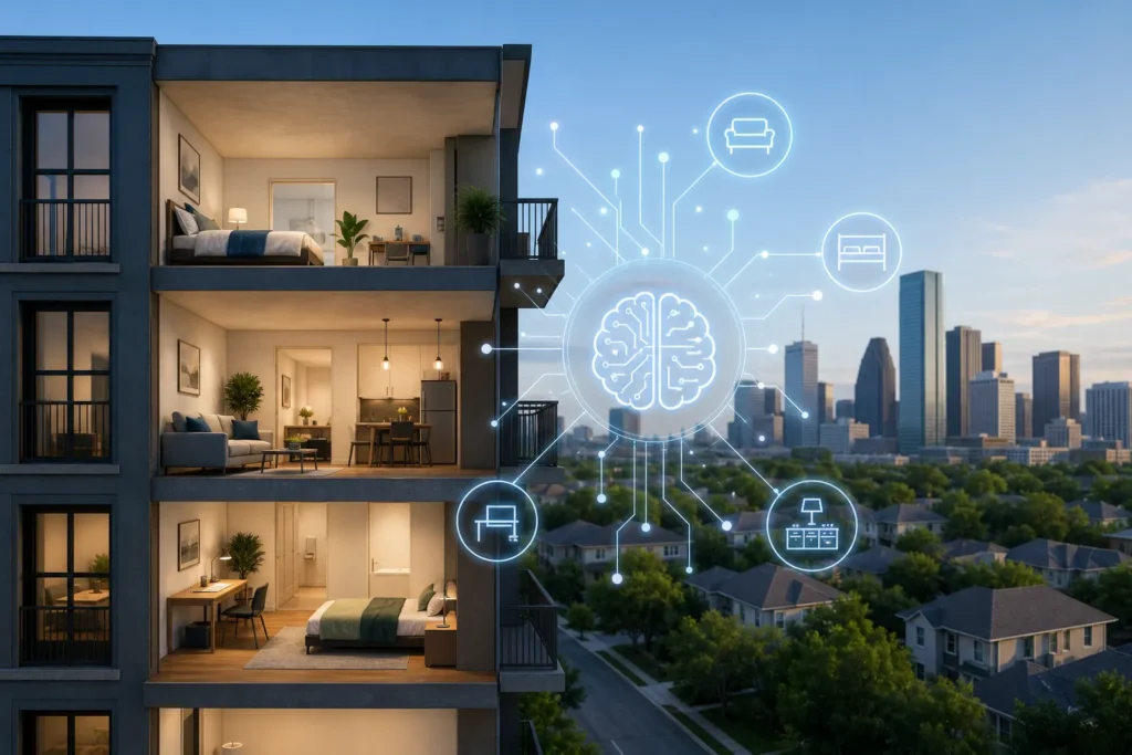 Blog header depicting RenteR utilizes a proprietary algorithm to find you the perfect apartment in Texas effortlessly