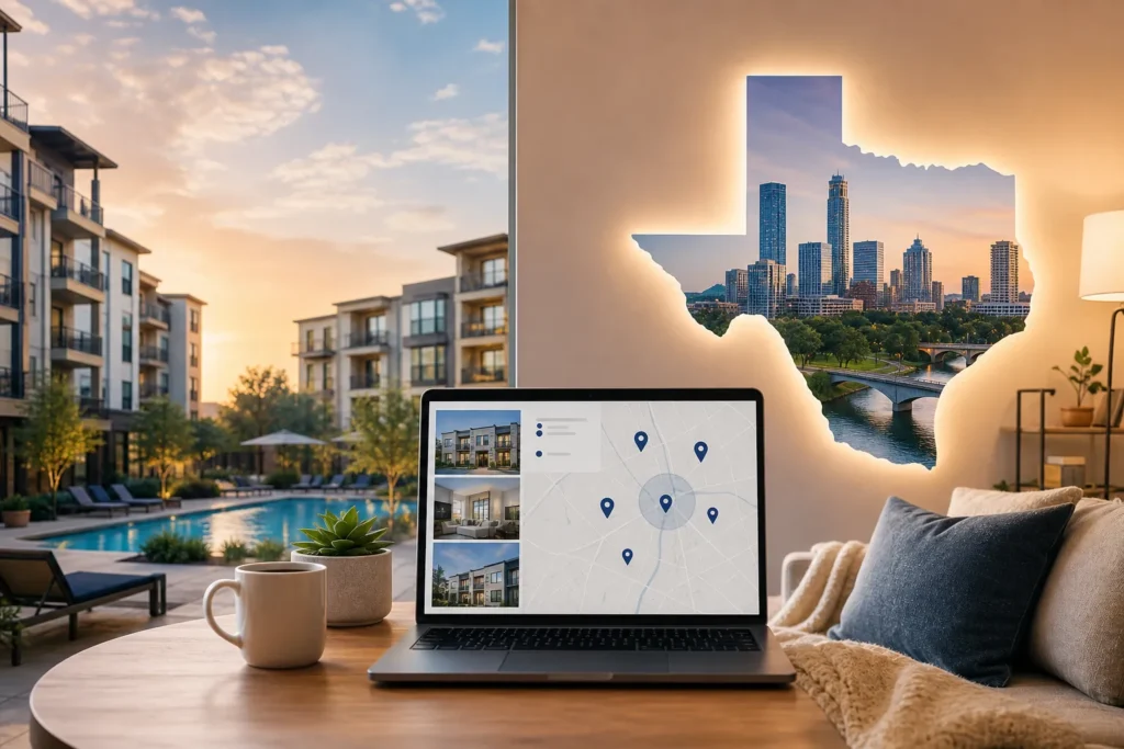 Blog header depicting RenteR utilizes a proprietary algorithm to find you the perfect apartment in Texas effortlessly