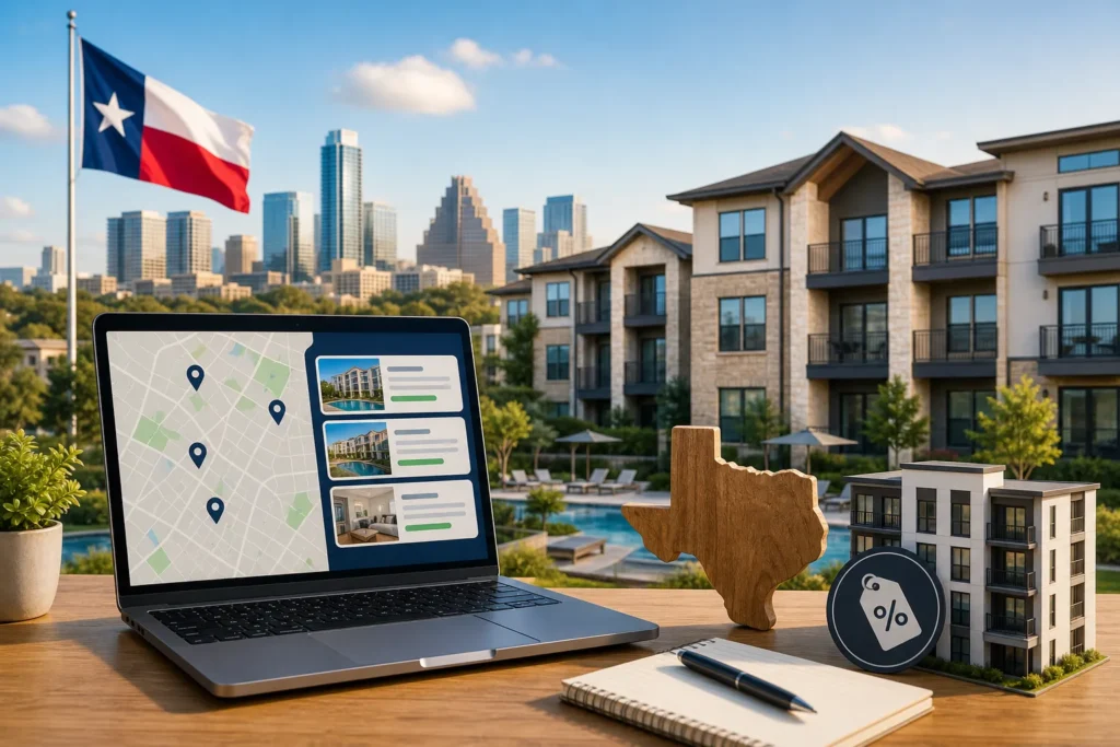 Blog header depicting RenteR utilizes a proprietary algorithm to find you the perfect apartment in Texas effortlessly