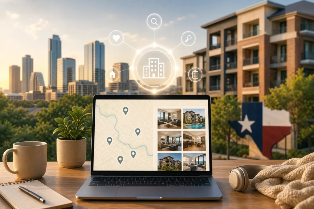 Blog header depicting RenteR utilizes a proprietary algorithm to find you the perfect apartment in Texas effortlessly