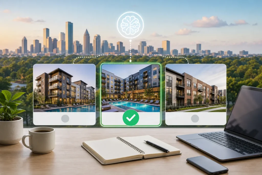 Blog header depicting RenteR utilizes a proprietary algorithm to find you the perfect apartment in Texas effortlessly